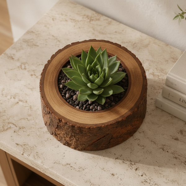 Close-up, top-down view of a rustic acacia wood planter, showing its unique natural log style and rich, irregular wood grain.