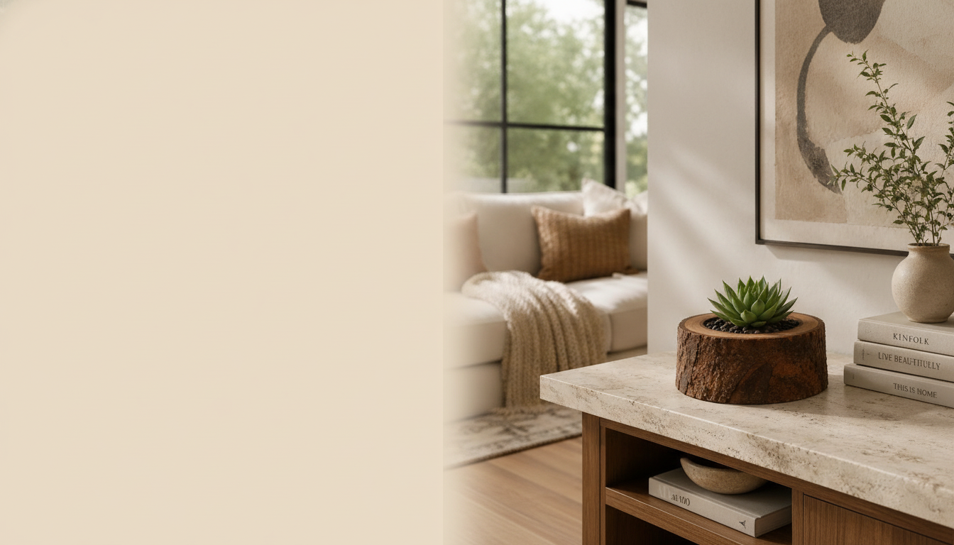 Handcrafted acacia wood planter in a natural log style holding a green plant, on a shelf in a warm, inviting South Asian livi